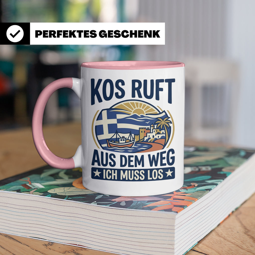 Kos Tasse mit Spruch 'Kos ruft ich muss los' | Griechenland  – Rosa [farbe:rosa]