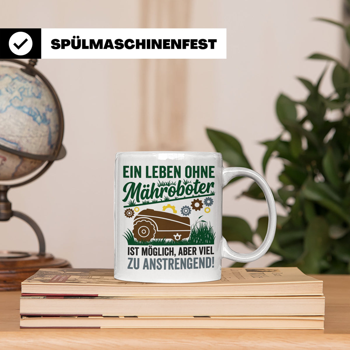 Mähroboter Tasse mit Spruch Leben ohne anstrengend lustig Gä – Weiß [farbe:weiß]