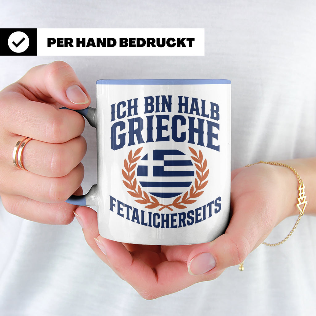 Halb Grieche Tasse väterlicherseits Spruch, Geschenk für Soh – Blau [farbe:blau]