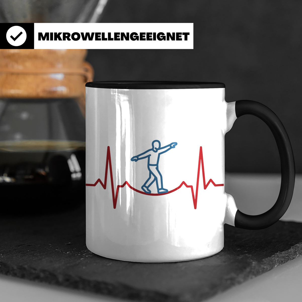 Slackline Tasse Herzschlag EKG Motiv, Kaffeetasse für Slackl – Schwarz [farbe:schwarz]