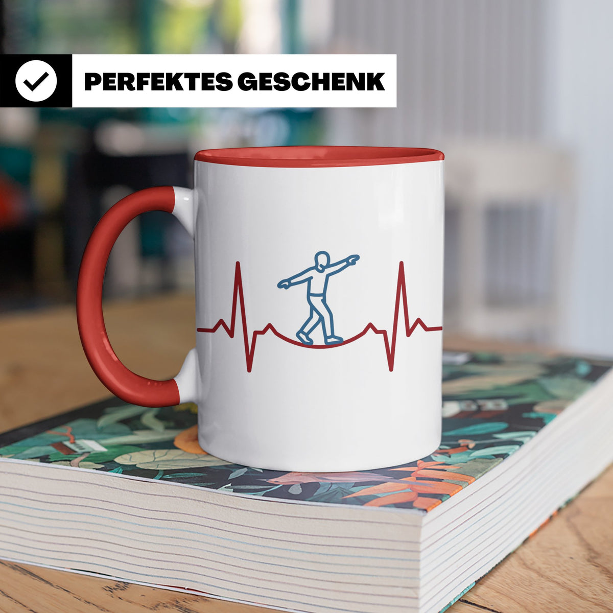 Slackline Tasse Herzschlag EKG Motiv, Kaffeetasse für Slackl – Rot [farbe:rot]
