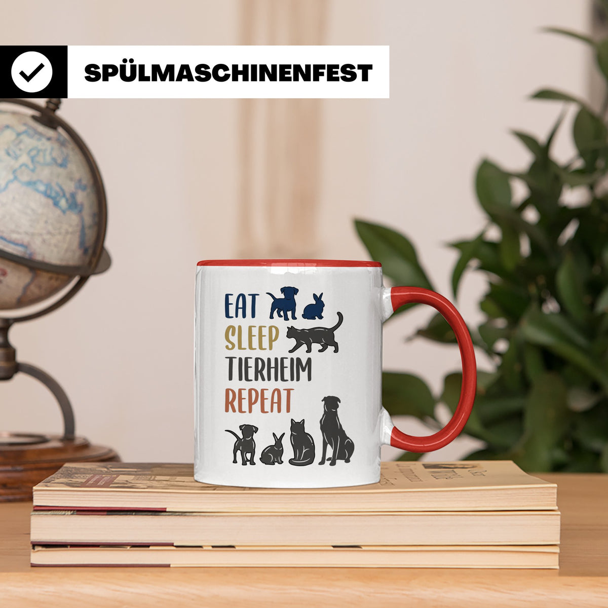 Tierheim Tasse mit Spruch Eat Sleep Repeat. Geschenk für Tie – Rot [farbe:rot]