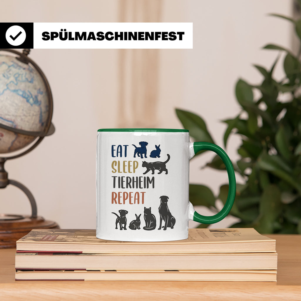 Tierheim Tasse mit Spruch Eat Sleep Repeat. Geschenk für Tie – Grün [farbe:grün]
