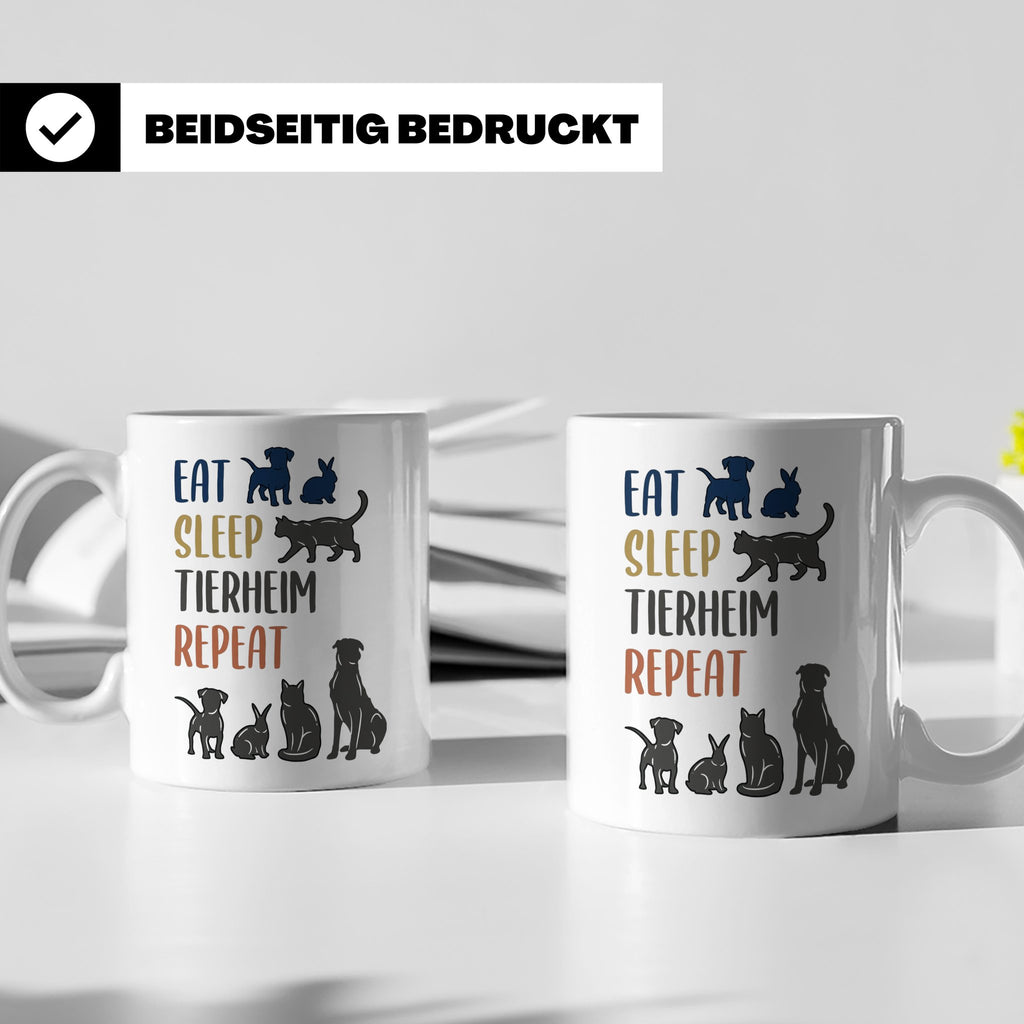 Tierheim Tasse mit Spruch Eat Sleep Repeat. Geschenk für Tie – Weiß [farbe:weiß]