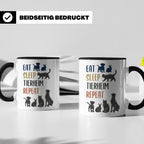 Tierheim Tasse mit Spruch Eat Sleep Repeat. Geschenk für Tie – Schwarz [farbe:schwarz]