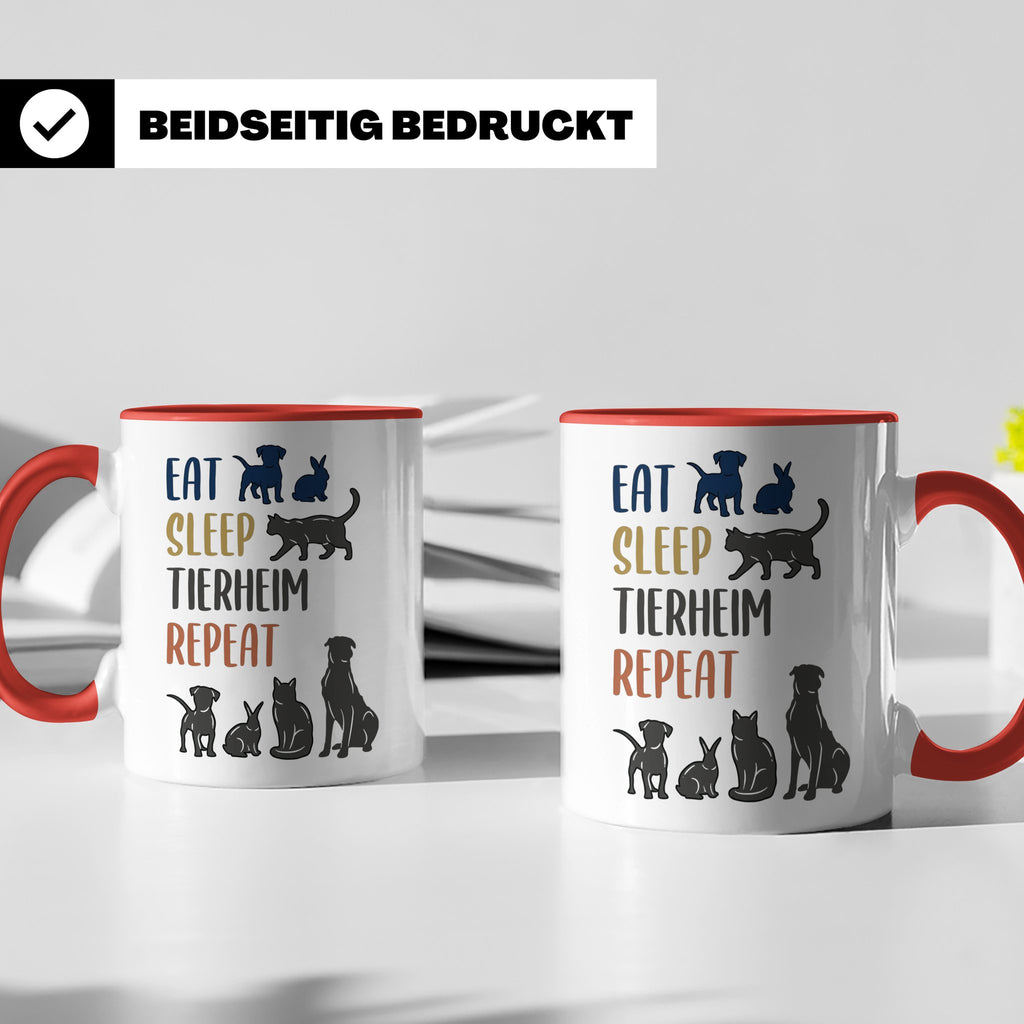 Tierheim Tasse mit Spruch Eat Sleep Repeat. Geschenk für Tie – Rot [farbe:rot]
