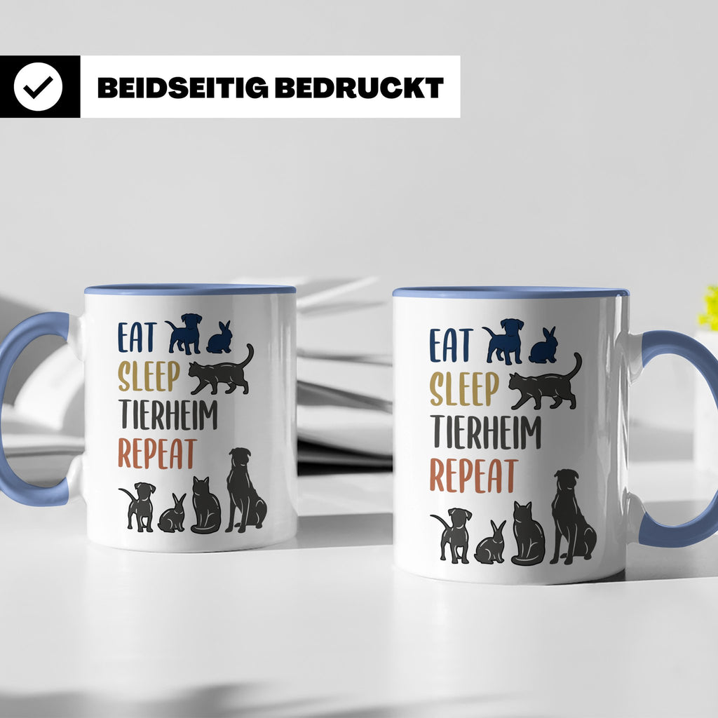 Tierheim Tasse mit Spruch Eat Sleep Repeat. Geschenk für Tie – Blau [farbe:blau]
