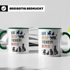 Tierheim Tasse mit Spruch Eat Sleep Repeat. Geschenk für Tie – Grün [farbe:grün]