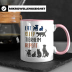 Tierheim Tasse mit Spruch Eat Sleep Repeat. Geschenk für Tie – Rosa [farbe:rosa]