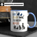 Tierheim Tasse mit Spruch Eat Sleep Repeat. Geschenk für Tie – Blau [farbe:blau]