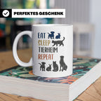 Tierheim Tasse mit Spruch Eat Sleep Repeat. Geschenk für Tie – Weiß [farbe:weiß]