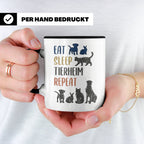Tierheim Tasse mit Spruch Eat Sleep Repeat. Geschenk für Tie – Schwarz [farbe:schwarz]