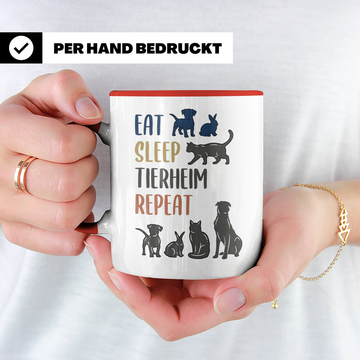 Tierheim Tasse mit Spruch Eat Sleep Repeat. Geschenk für Tie – Rot [farbe:rot]