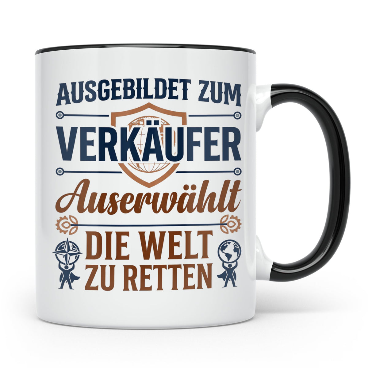 Verkäufer Tasse mit Spruch Auserwählt Welt zu retten Geschen – Schwarz [farbe:schwarz]