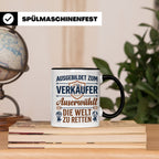 Verkäufer Tasse mit Spruch Auserwählt Welt zu retten Geschen – Schwarz [farbe:schwarz]