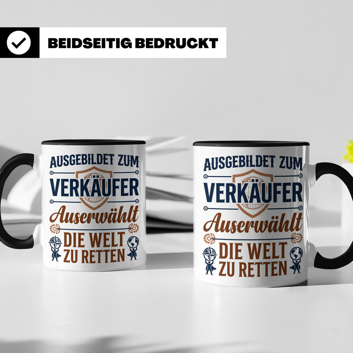 Verkäufer Tasse mit Spruch Auserwählt Welt zu retten Geschen – Schwarz [farbe:schwarz]