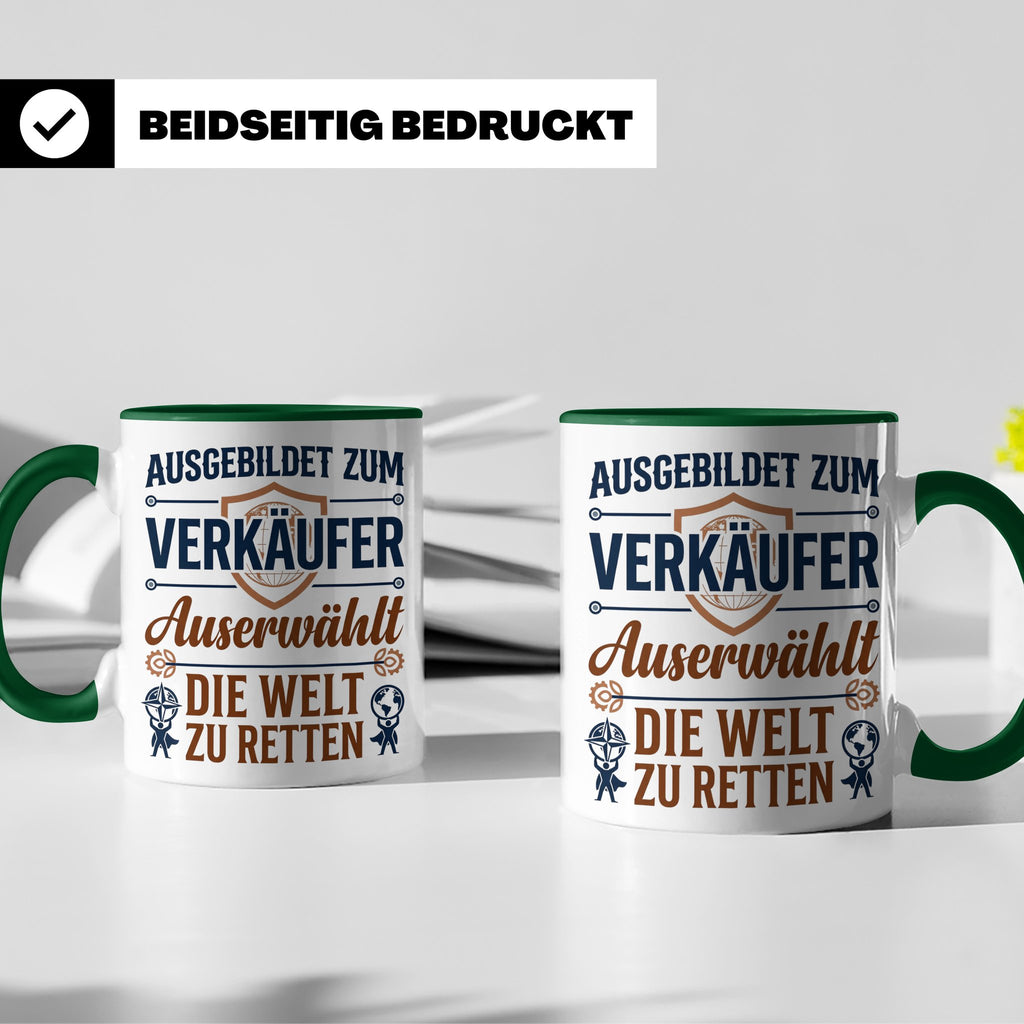 Verkäufer Tasse mit Spruch Auserwählt Welt zu retten Geschen – Grün [farbe:grün]