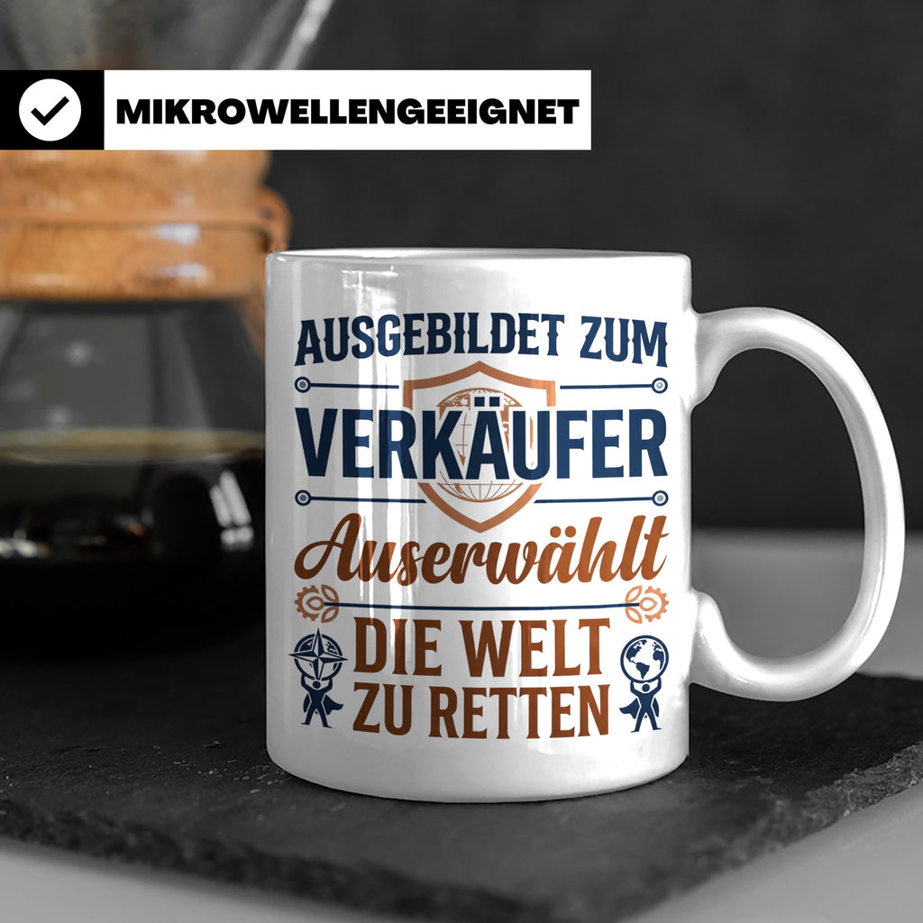 Verkäufer Tasse mit Spruch Auserwählt Welt zu retten Geschen – Weiß [farbe:weiß]