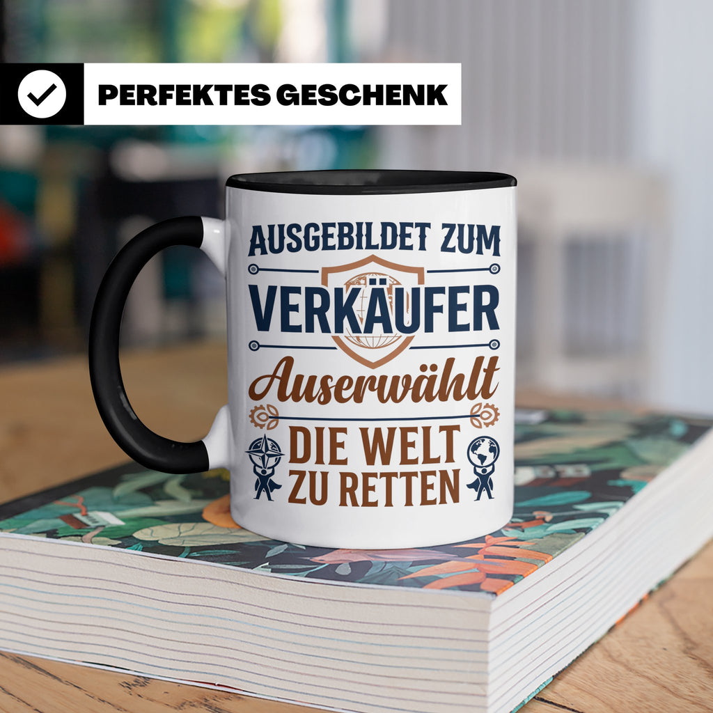 Verkäufer Tasse mit Spruch Auserwählt Welt zu retten Geschen – Schwarz [farbe:schwarz]