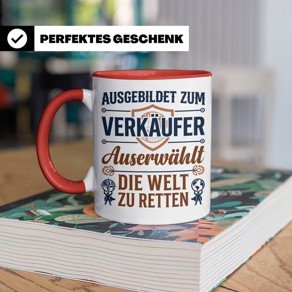 Verkäufer Tasse mit Spruch Auserwählt Welt zu retten Geschen – Rot [farbe:rot]