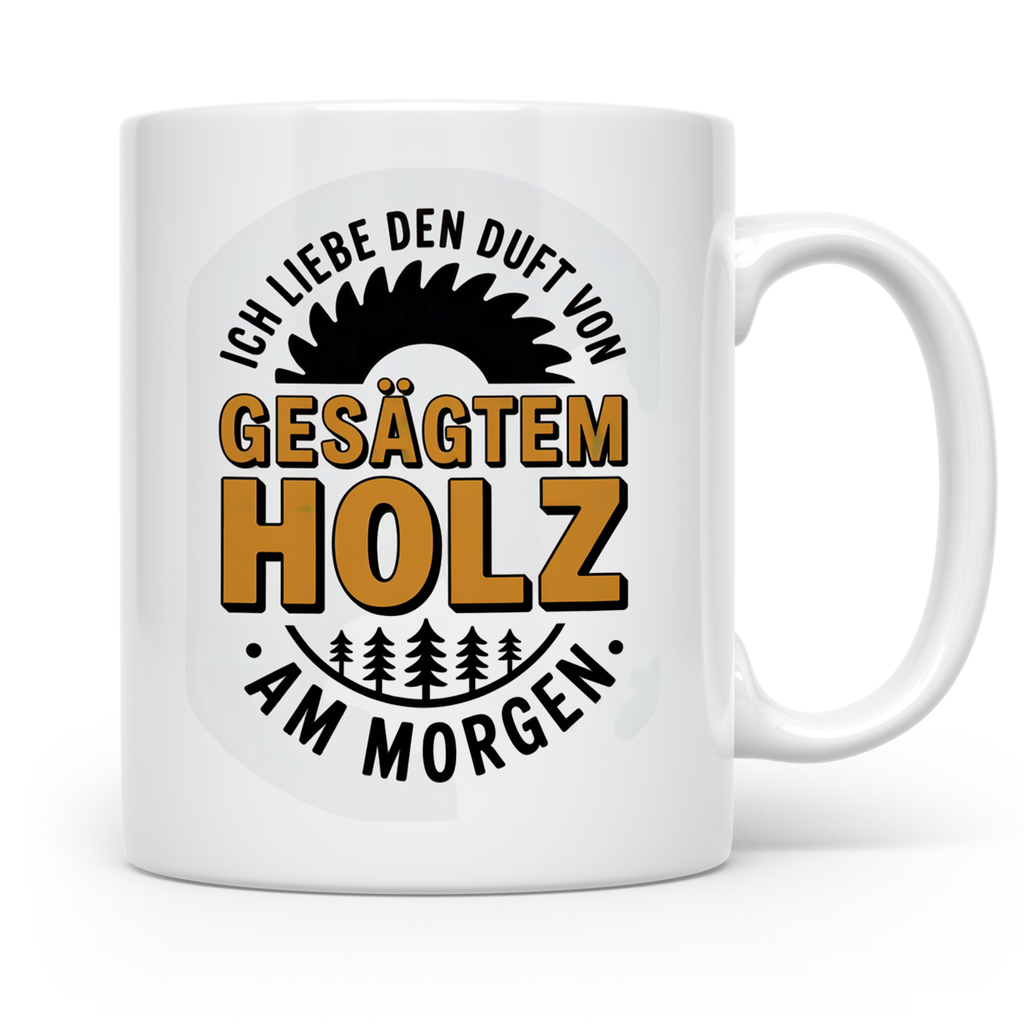 Holz Tasse - Ich liebe den Duft von gesägtem Holz am Morgen  – Weiß [farbe:weiß]
