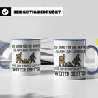 Lustige Tasse Arbeit Spruch Zu jung für Rente zu arm zum Kün – Blau [farbe:blau]