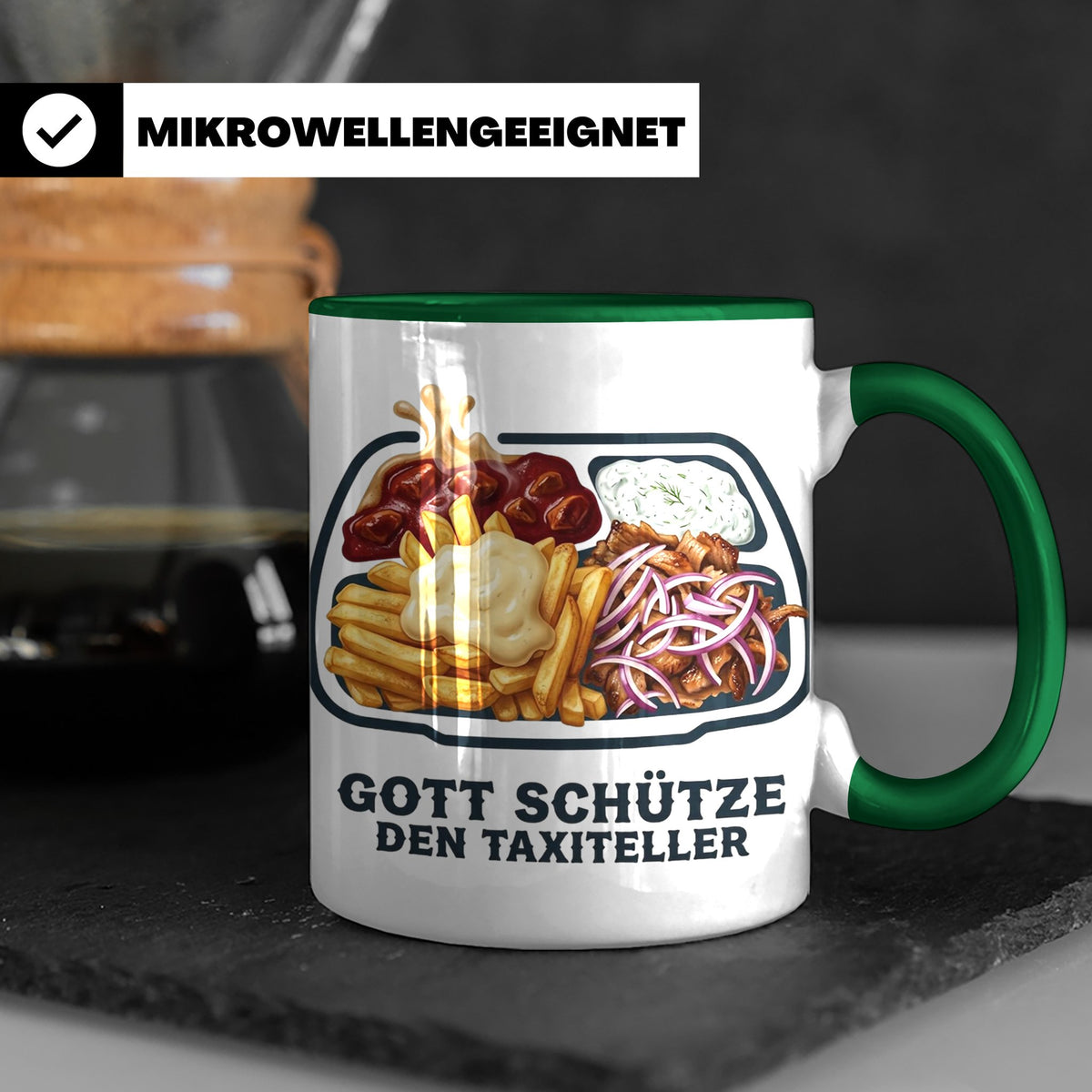 Taxiteller Tasse mit Spruch Gott schütze den Taxiteller. Lus – Grün [farbe:grün]