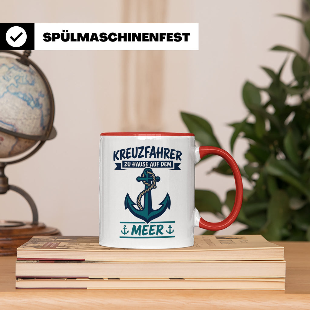 Kreuzfahrer Tasse mit Anker Spruch Zu Hause auf dem Meer | M – Rot [farbe:rot]