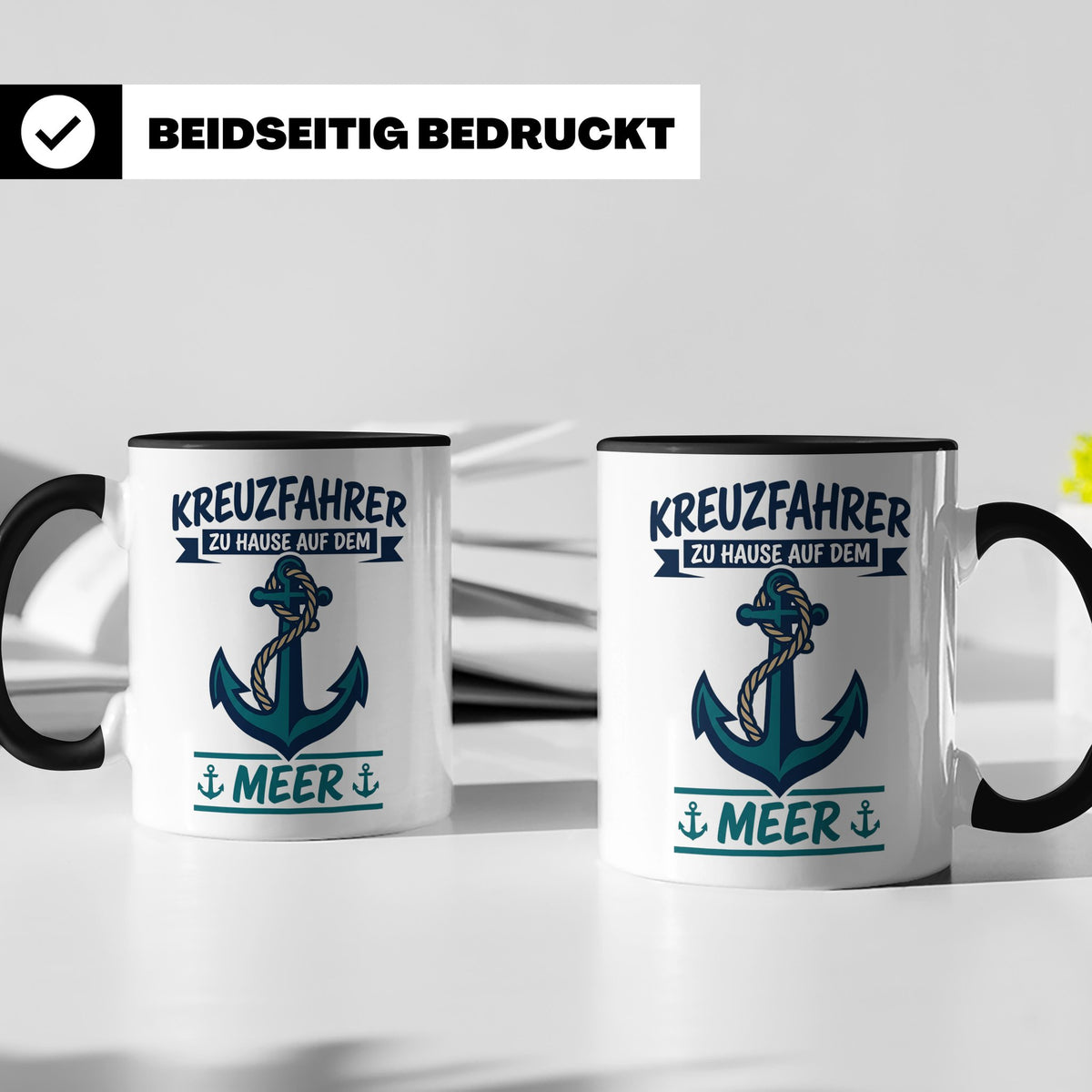 Kreuzfahrer Tasse mit Anker Spruch Zu Hause auf dem Meer | M – Schwarz [farbe:schwarz]