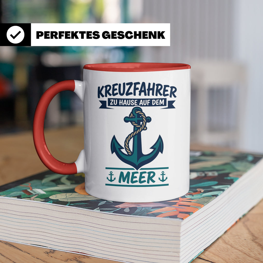 Kreuzfahrer Tasse mit Anker Spruch Zu Hause auf dem Meer | M – Rot [farbe:rot]