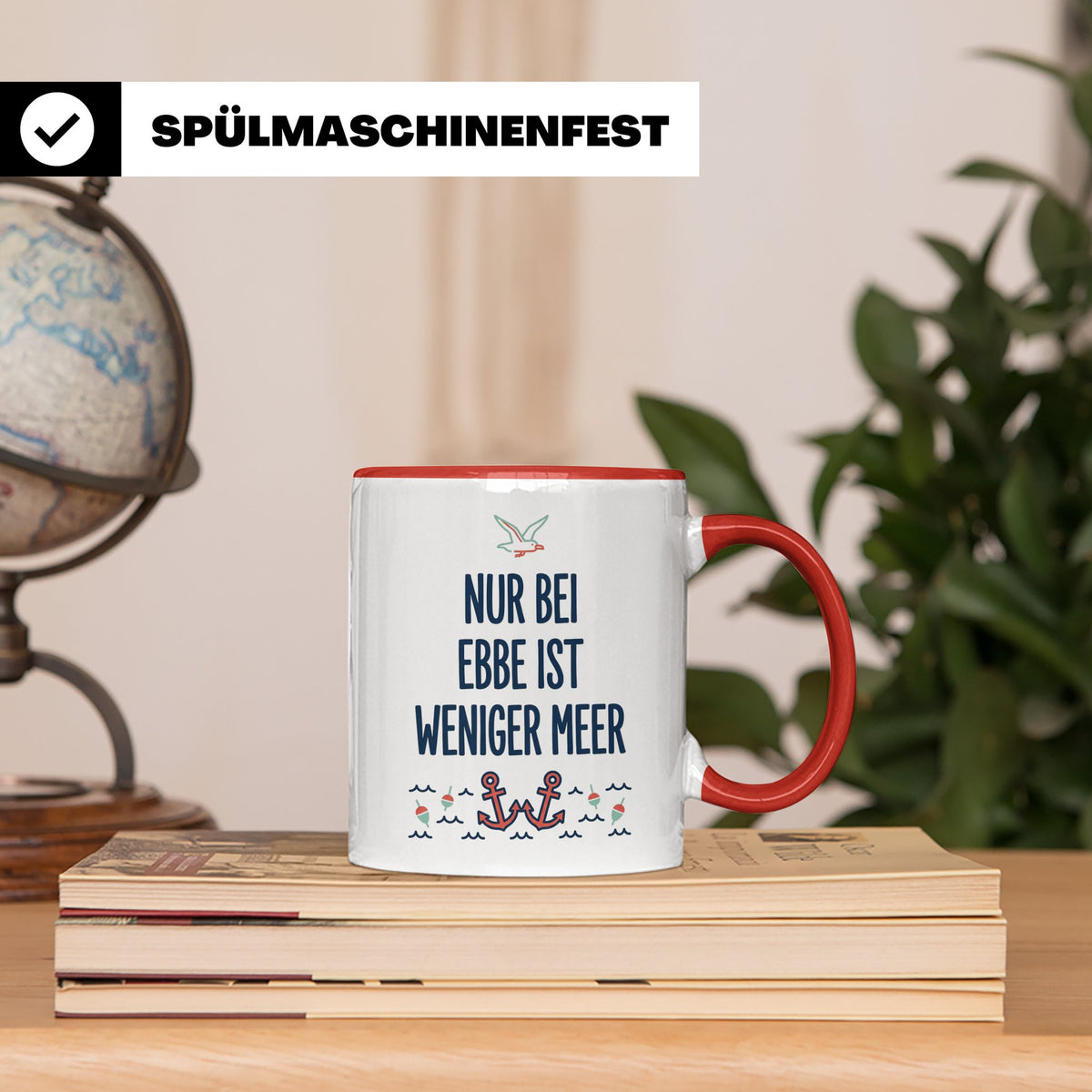 Nur bei Ebbe ist weniger Meer Tasse, maritimer Kaffeebecher  – Rot [farbe:rot]