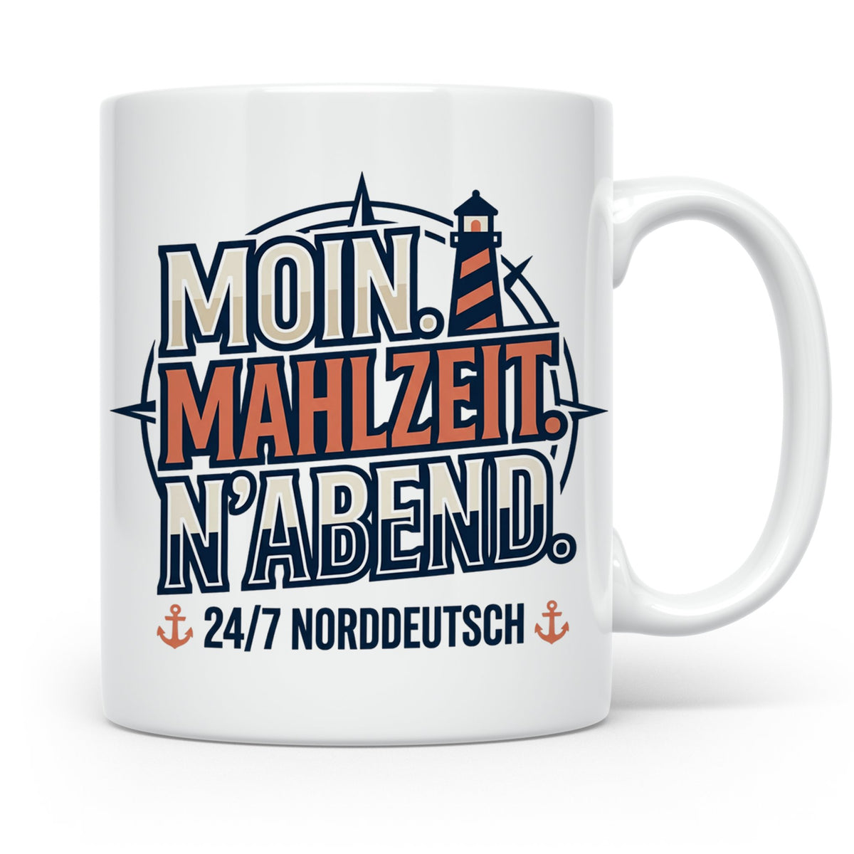 Moin Tasse mit Spruch Mahlzeit N'Abend & Leuchtturm, 24/7 No – Weiß [farbe:weiß]