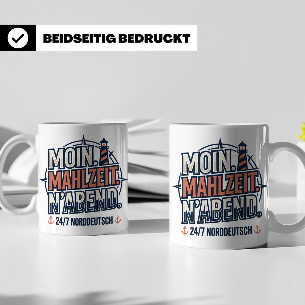 Moin Tasse mit Spruch Mahlzeit N'Abend & Leuchtturm, 24/7 No – Weiß [farbe:weiß]