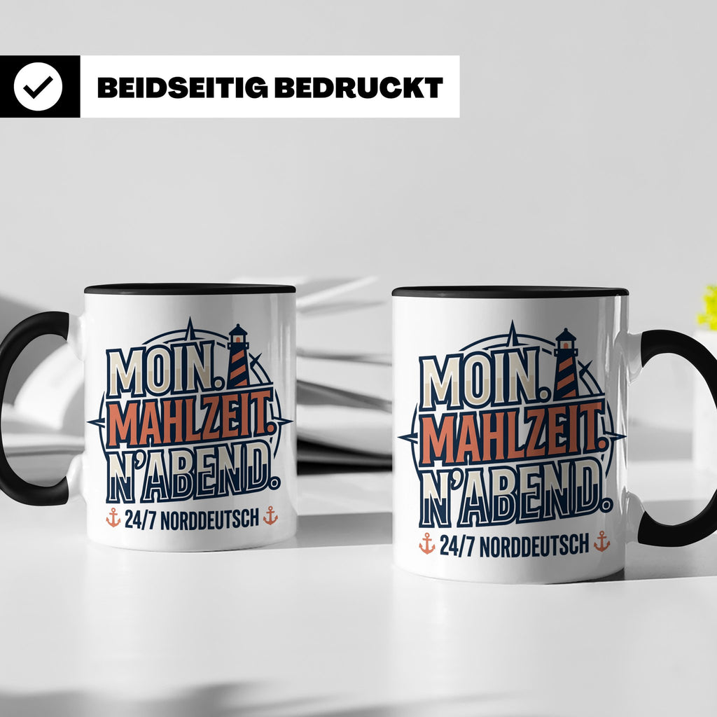 Moin Tasse mit Spruch Mahlzeit N'Abend & Leuchtturm, 24/7 No – Schwarz [farbe:schwarz]