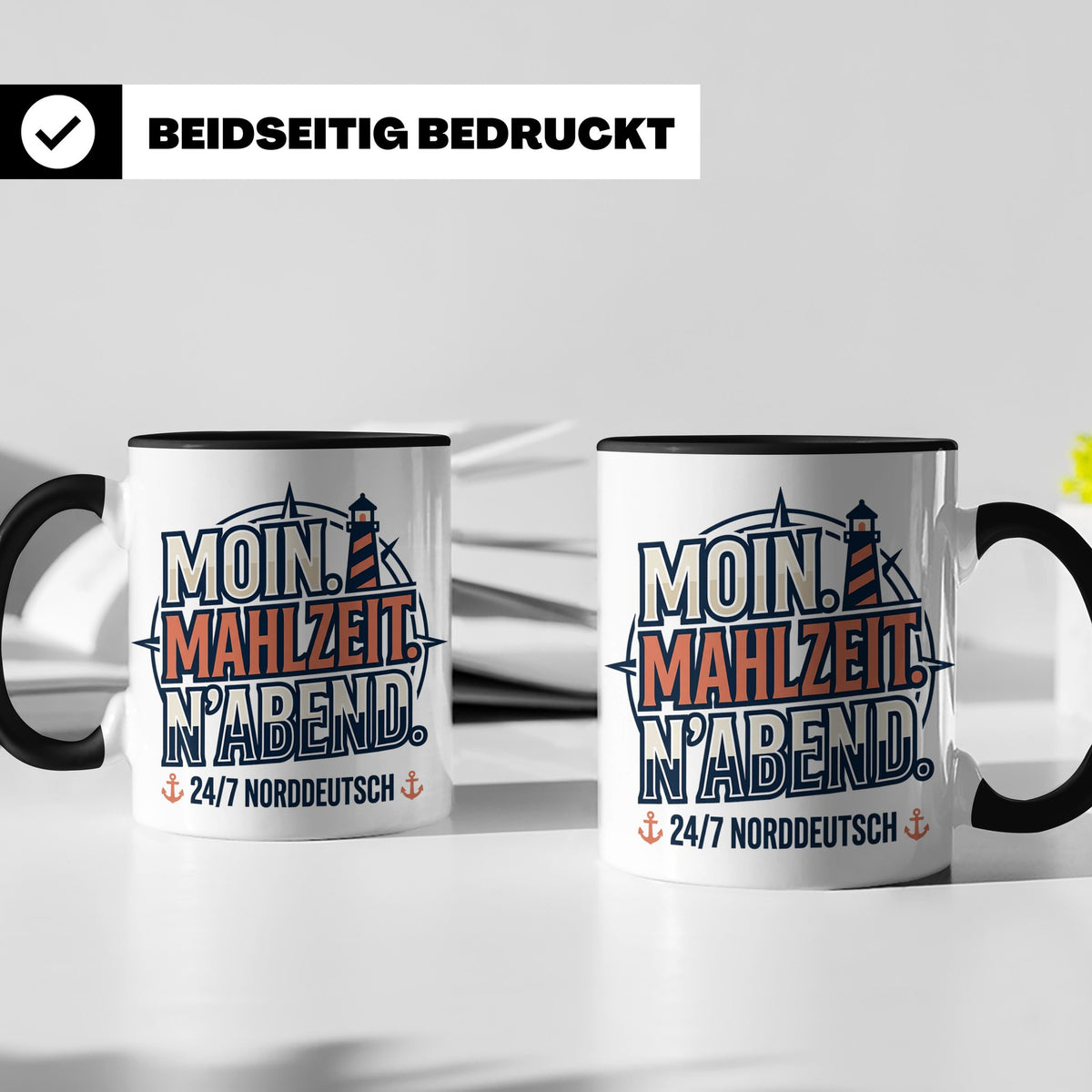 Moin Tasse mit Spruch Mahlzeit N'Abend & Leuchtturm, 24/7 No – Schwarz [farbe:schwarz]