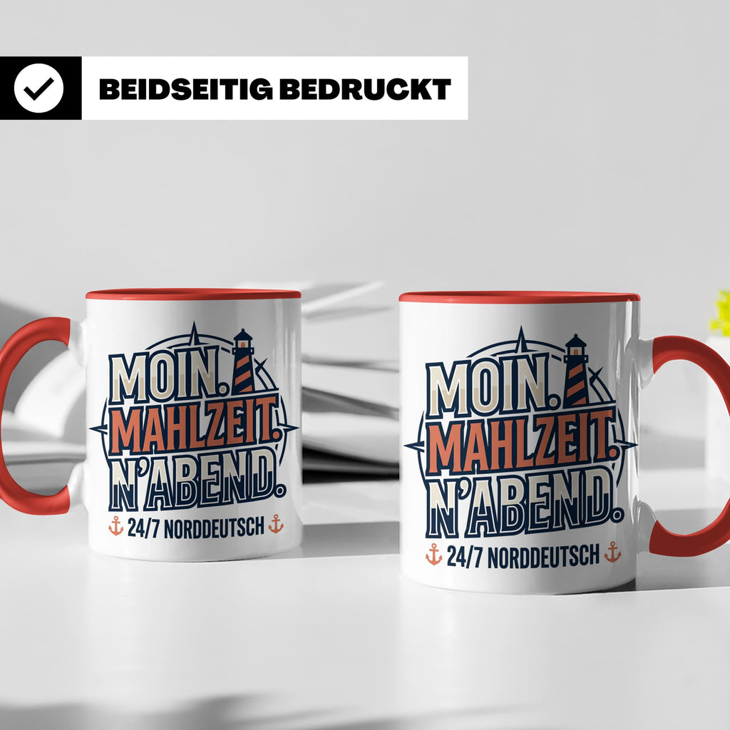 Moin Tasse mit Spruch Mahlzeit N'Abend & Leuchtturm, 24/7 No – Rot [farbe:rot]