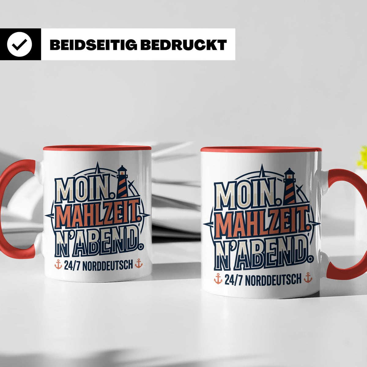 Moin Tasse mit Spruch Mahlzeit N'Abend & Leuchtturm, 24/7 No – Rot [farbe:rot]