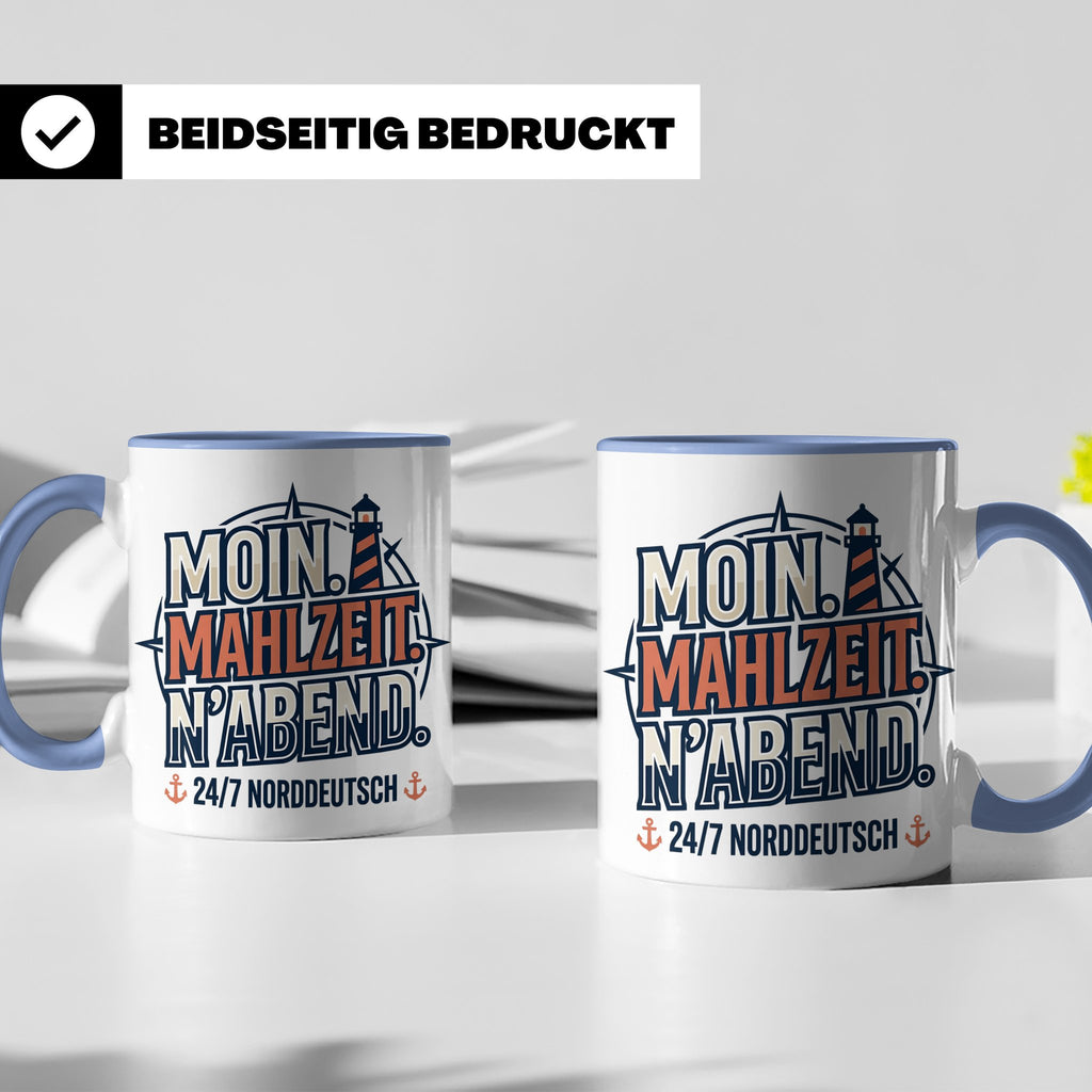 Moin Tasse mit Spruch Mahlzeit N'Abend & Leuchtturm, 24/7 No – Blau [farbe:blau]