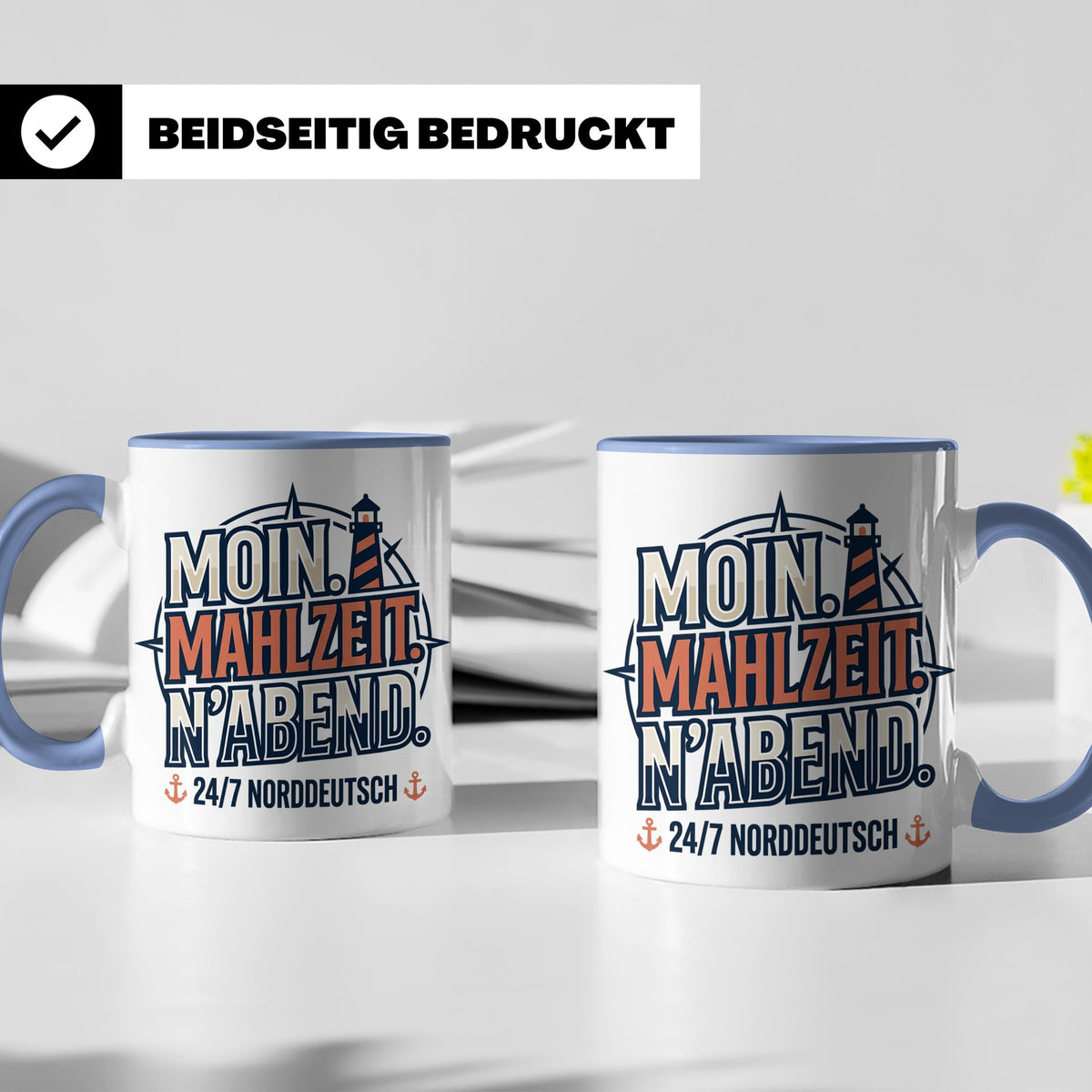 Moin Tasse mit Spruch Mahlzeit N'Abend & Leuchtturm, 24/7 No – Blau [farbe:blau]