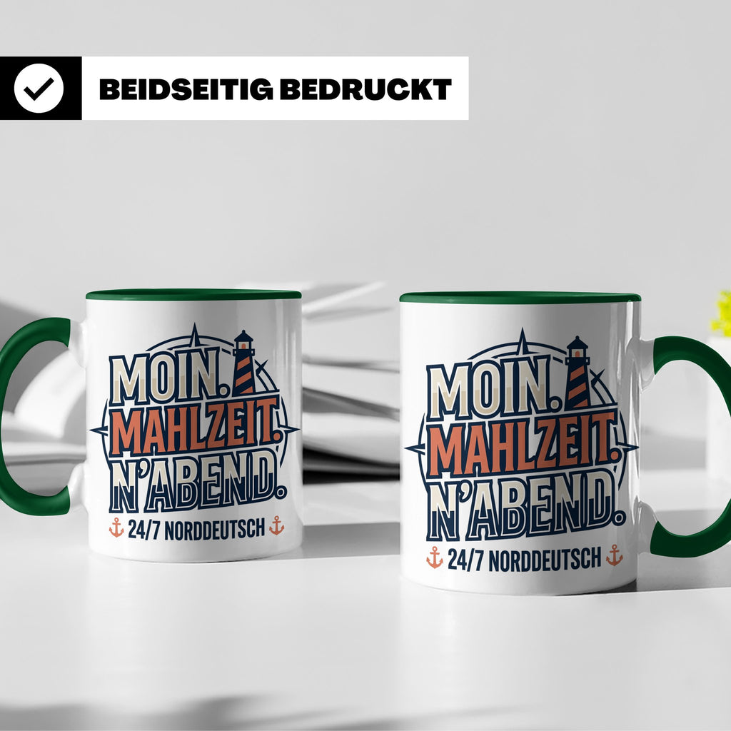 Moin Tasse mit Spruch Mahlzeit N'Abend & Leuchtturm, 24/7 No – Grün [farbe:grün]