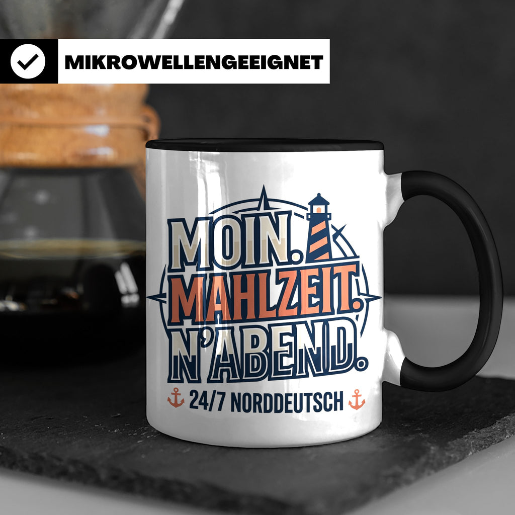 Moin Tasse mit Spruch Mahlzeit N'Abend & Leuchtturm, 24/7 No – Schwarz [farbe:schwarz]