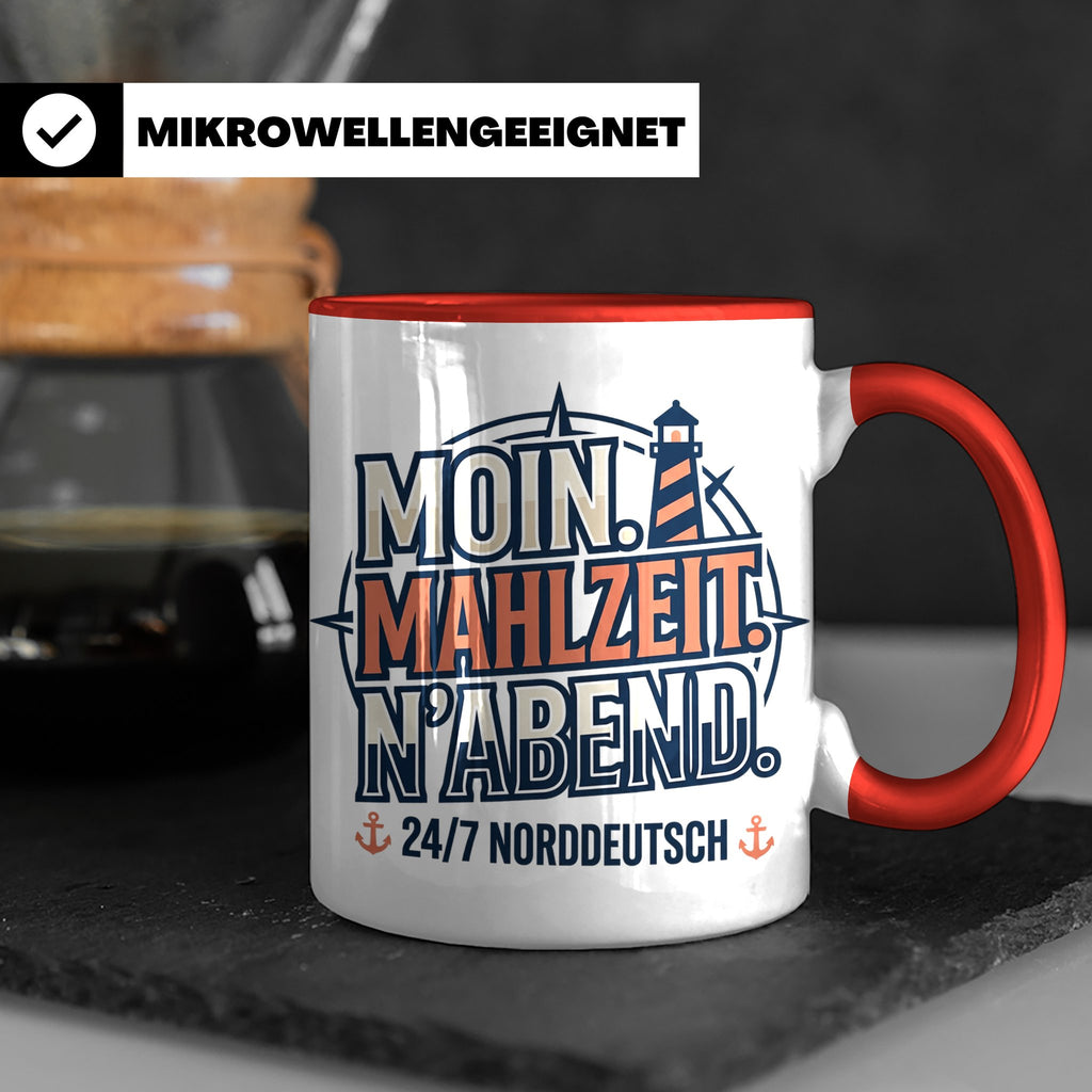 Moin Tasse mit Spruch Mahlzeit N'Abend & Leuchtturm, 24/7 No – Rot [farbe:rot]