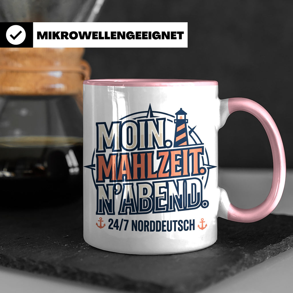 Moin Tasse mit Spruch Mahlzeit N'Abend & Leuchtturm, 24/7 No – Rosa [farbe:rosa]