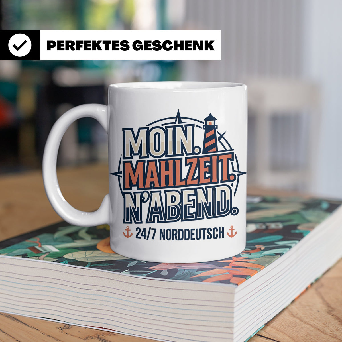 Moin Tasse mit Spruch Mahlzeit N'Abend & Leuchtturm, 24/7 No – Weiß [farbe:weiß]