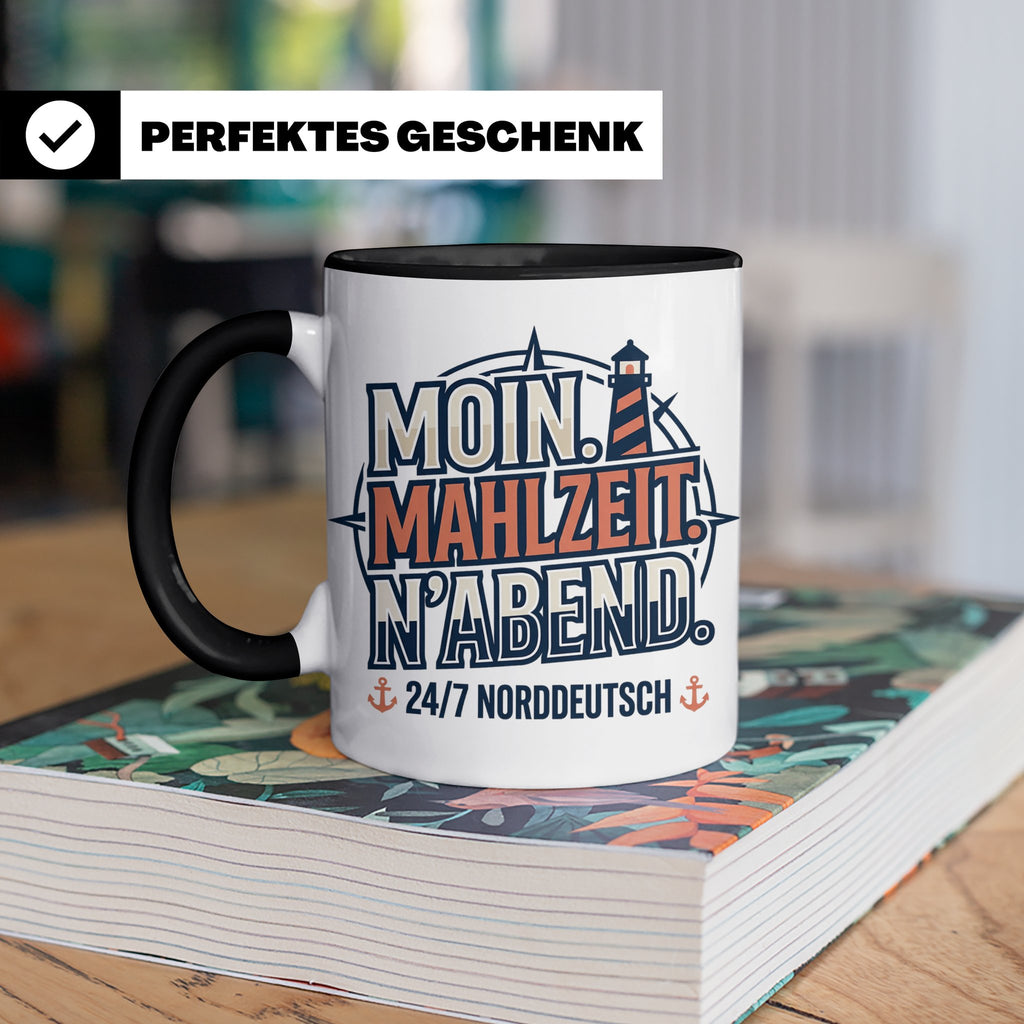 Moin Tasse mit Spruch Mahlzeit N'Abend & Leuchtturm, 24/7 No – Schwarz [farbe:schwarz]