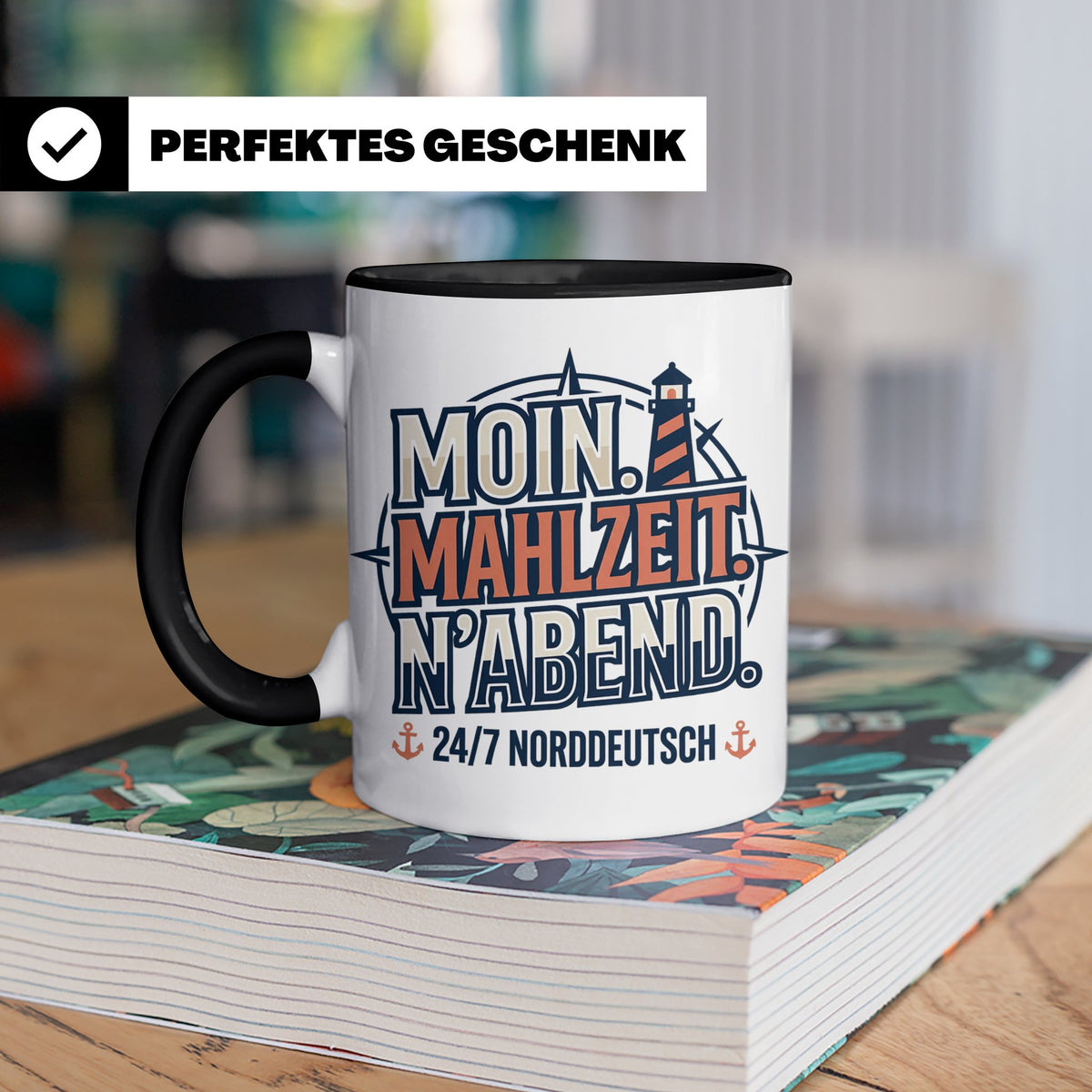 Moin Tasse mit Spruch Mahlzeit N'Abend & Leuchtturm, 24/7 No – Schwarz [farbe:schwarz]