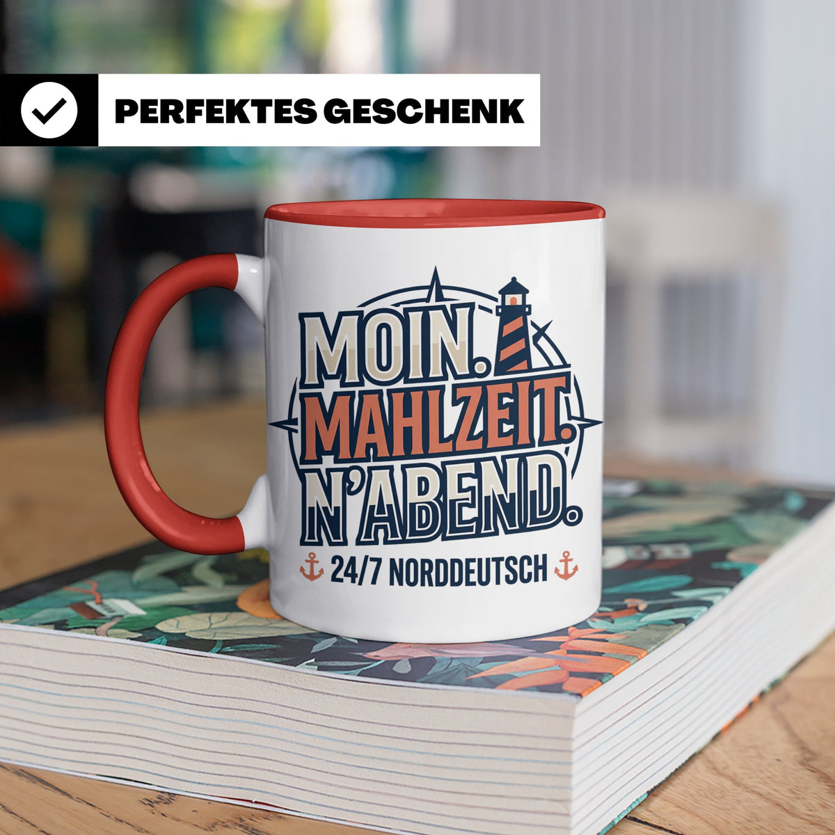 Moin Tasse mit Spruch Mahlzeit N'Abend & Leuchtturm, 24/7 No – Rot [farbe:rot]