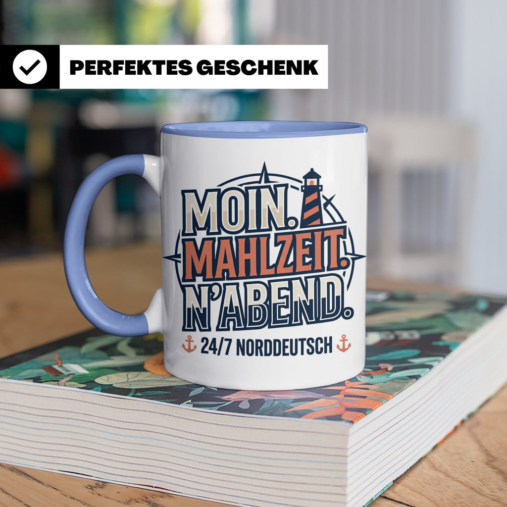 Moin Tasse mit Spruch Mahlzeit N'Abend & Leuchtturm, 24/7 No – Blau [farbe:blau]