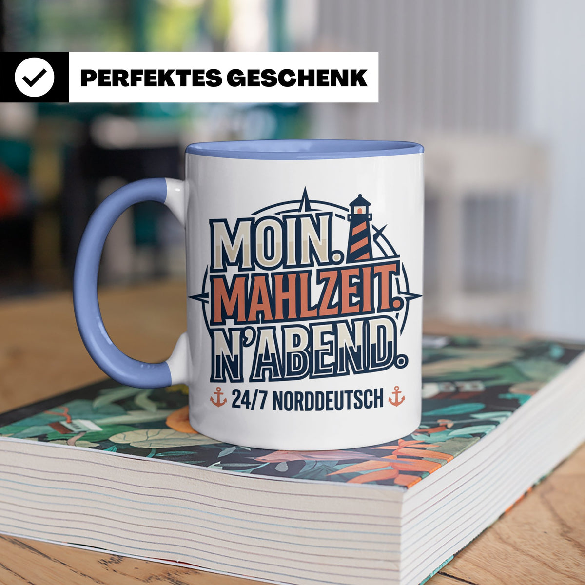 Moin Tasse mit Spruch Mahlzeit N'Abend & Leuchtturm, 24/7 No – Blau [farbe:blau]