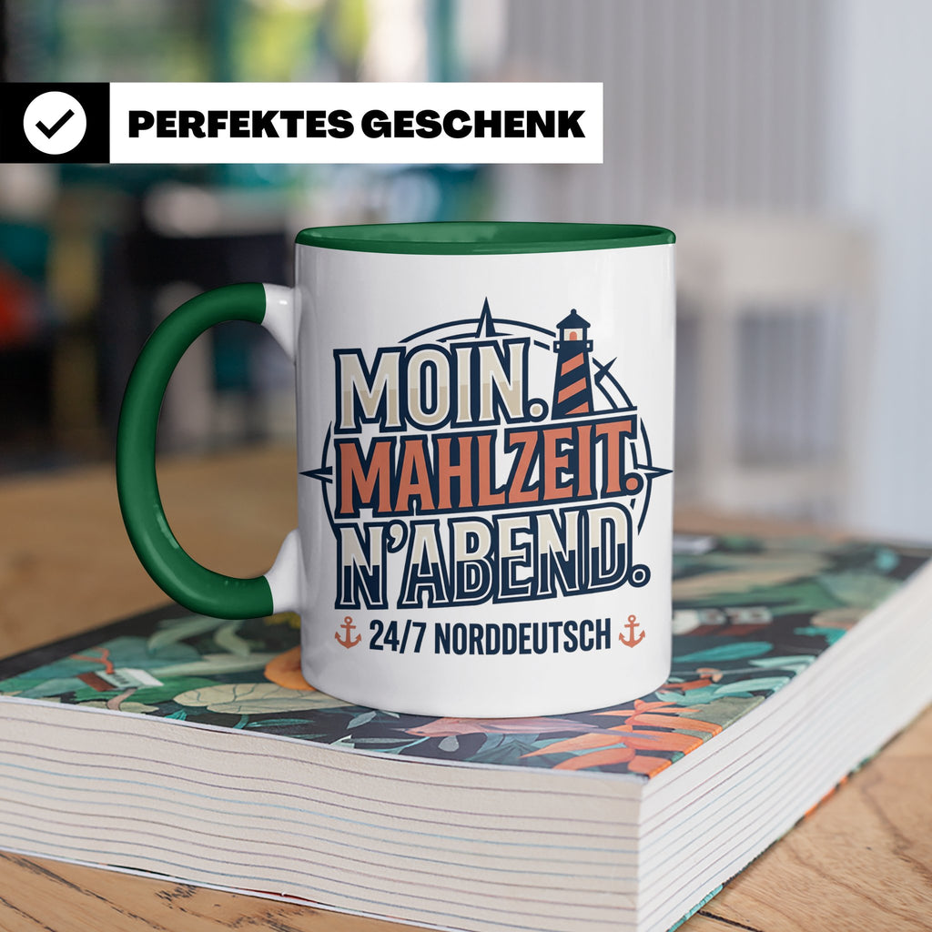 Moin Tasse mit Spruch Mahlzeit N'Abend & Leuchtturm, 24/7 No – Grün [farbe:grün]